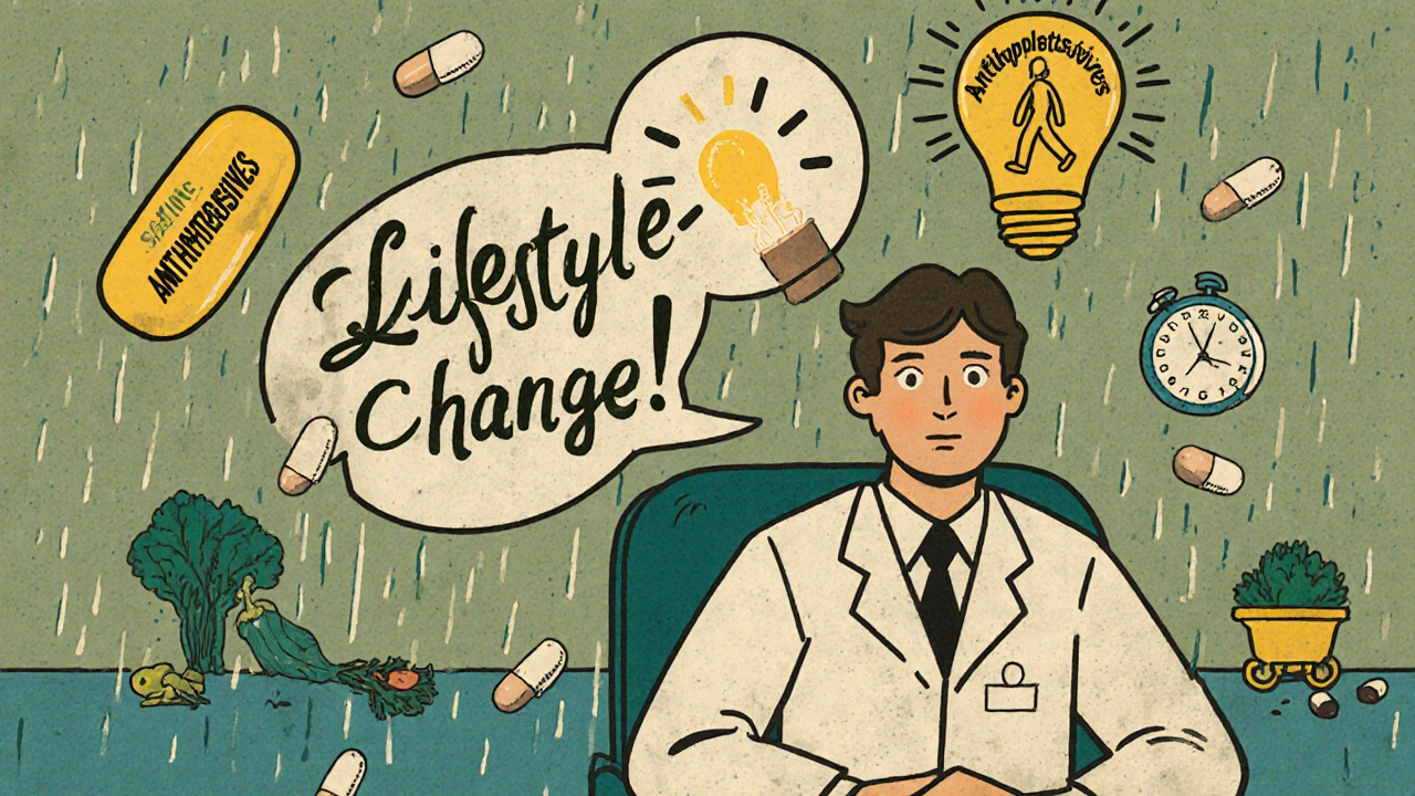 Patient entouré de pilules, une lumière montre un mode de vie sain, style cartoon vintage.