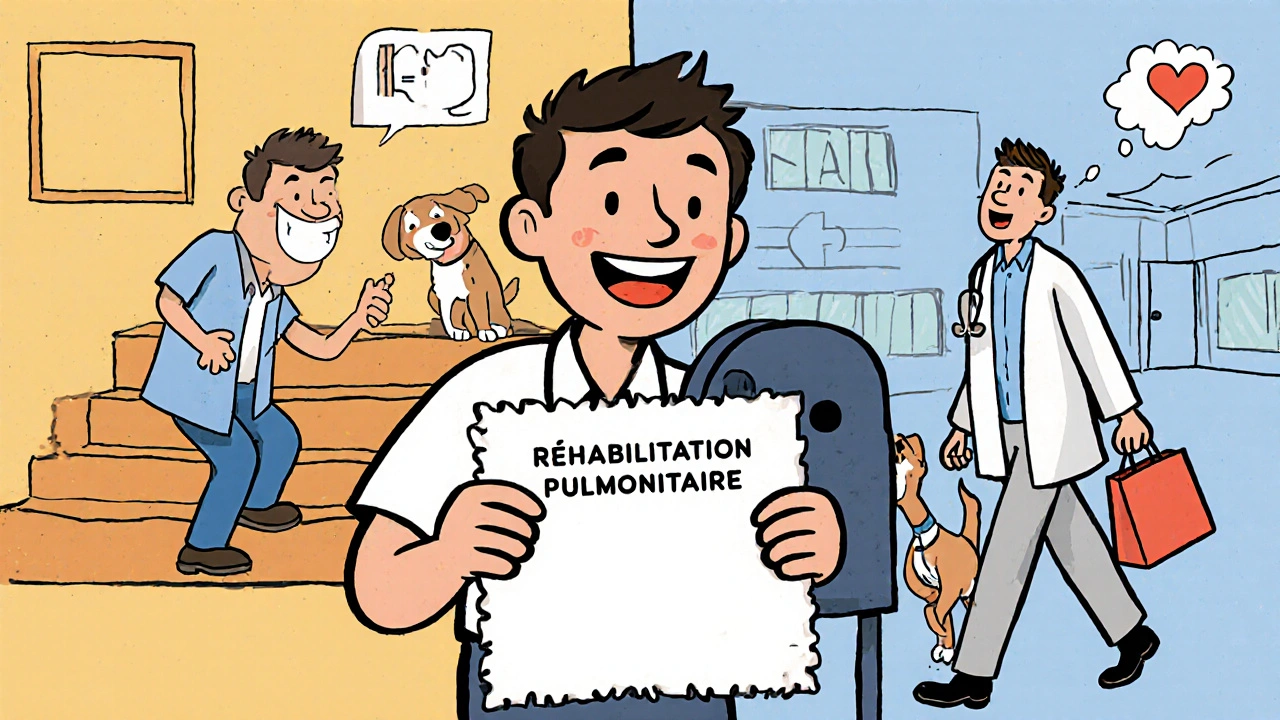 Patient marchant jusqu&#039;à sa boîte aux lettres, comparé à son état antérieur, symbolisant la reprise d&#039;autonomie.