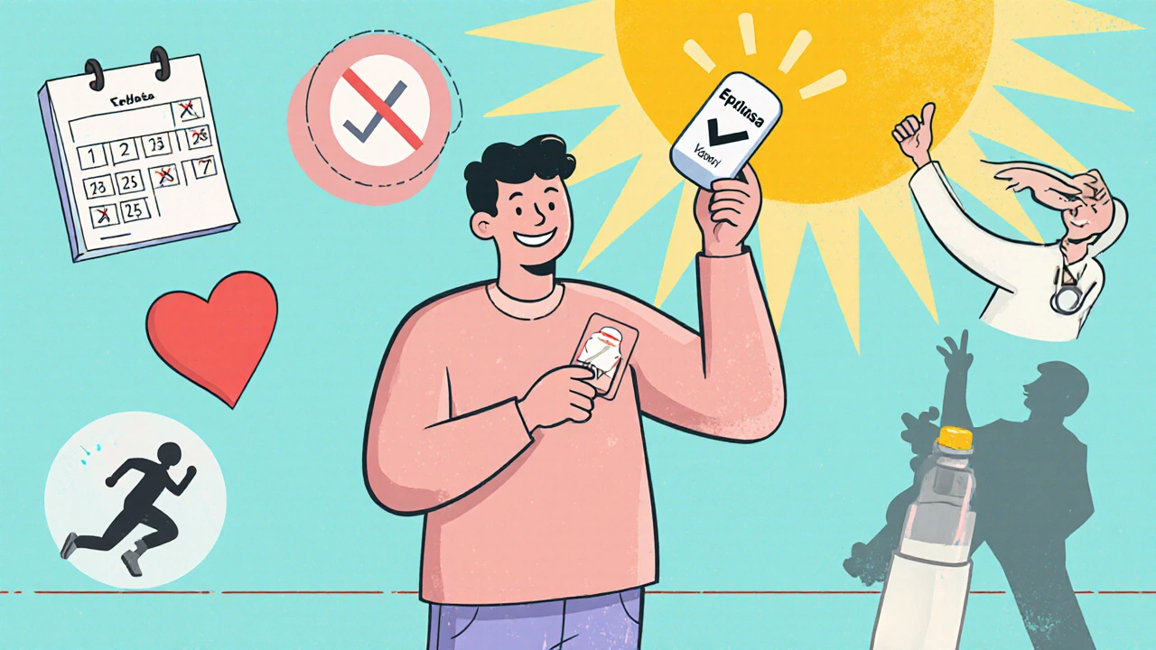 Patient souriant tenant une pilule moderne, entouré de symboles de santé et de temps court, soleil radieux.