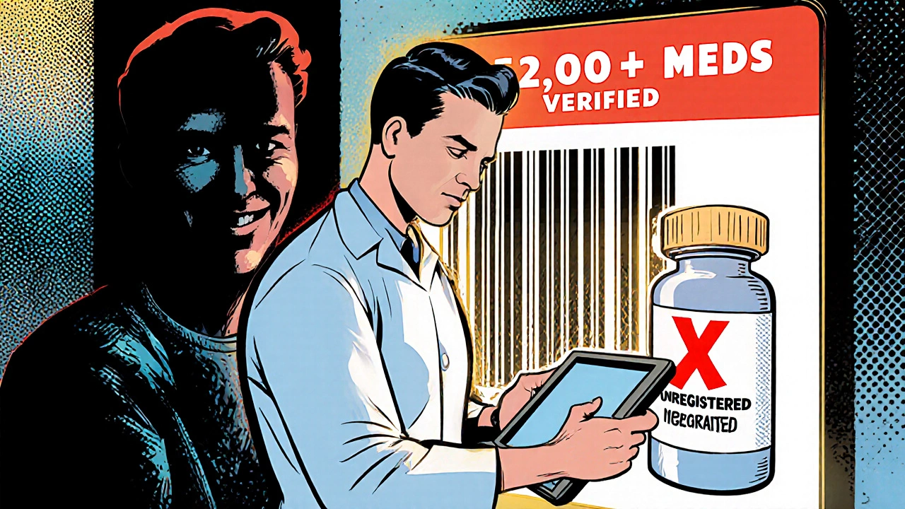 Pharmaciennne vérifiant un code NDC dans l&#039;application FDA avec un patient satisfait.