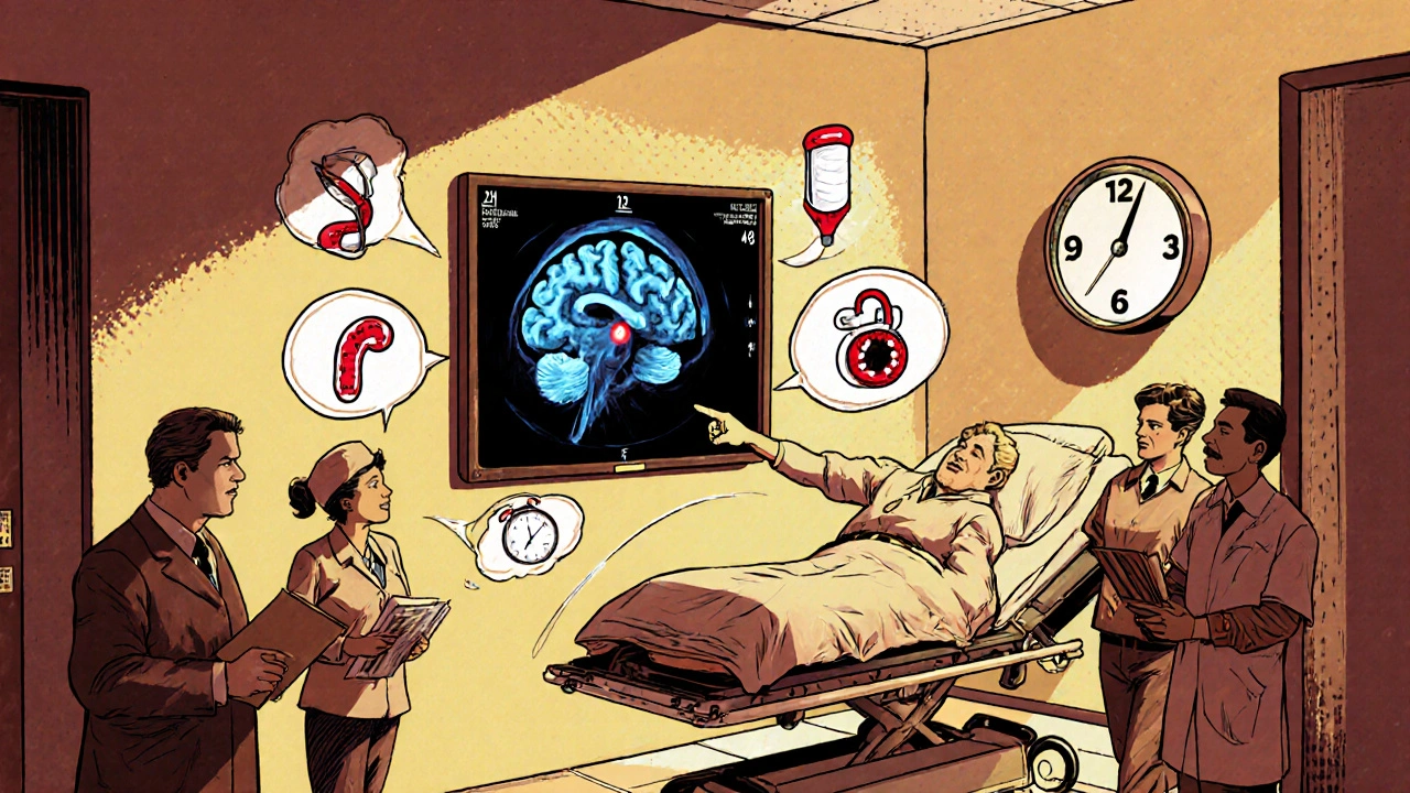 Salle d&#039;urgence avec un scanner cérébral et une horloge qui compte à rebours, style cartoon rétro.