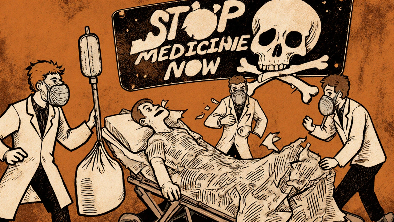 Scène d&#039;urgence médicale avec un patient dont la peau se détache, entouré de médecins en action, dans un style cartoon rétro.