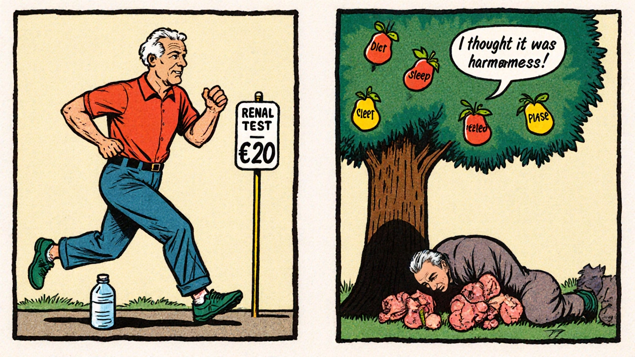 Scène divisée : un homme en bonne santé à gauche, le même homme en détresse à droite, avec des alternatives saines en arrière-plan.