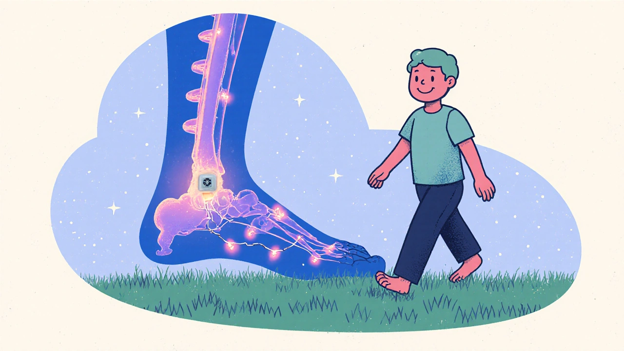 Stimulateur de moelle épinière réactive les nerfs des pieds, patient marche pieds nus avec joie.