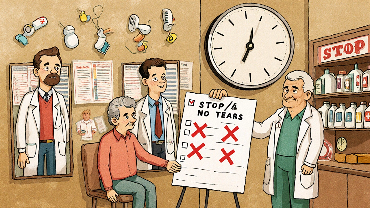 Trois médecins prescrivent des médicaments à un senior, tandis qu&#039;un pharmacien vérifie les interactions dangereuses.