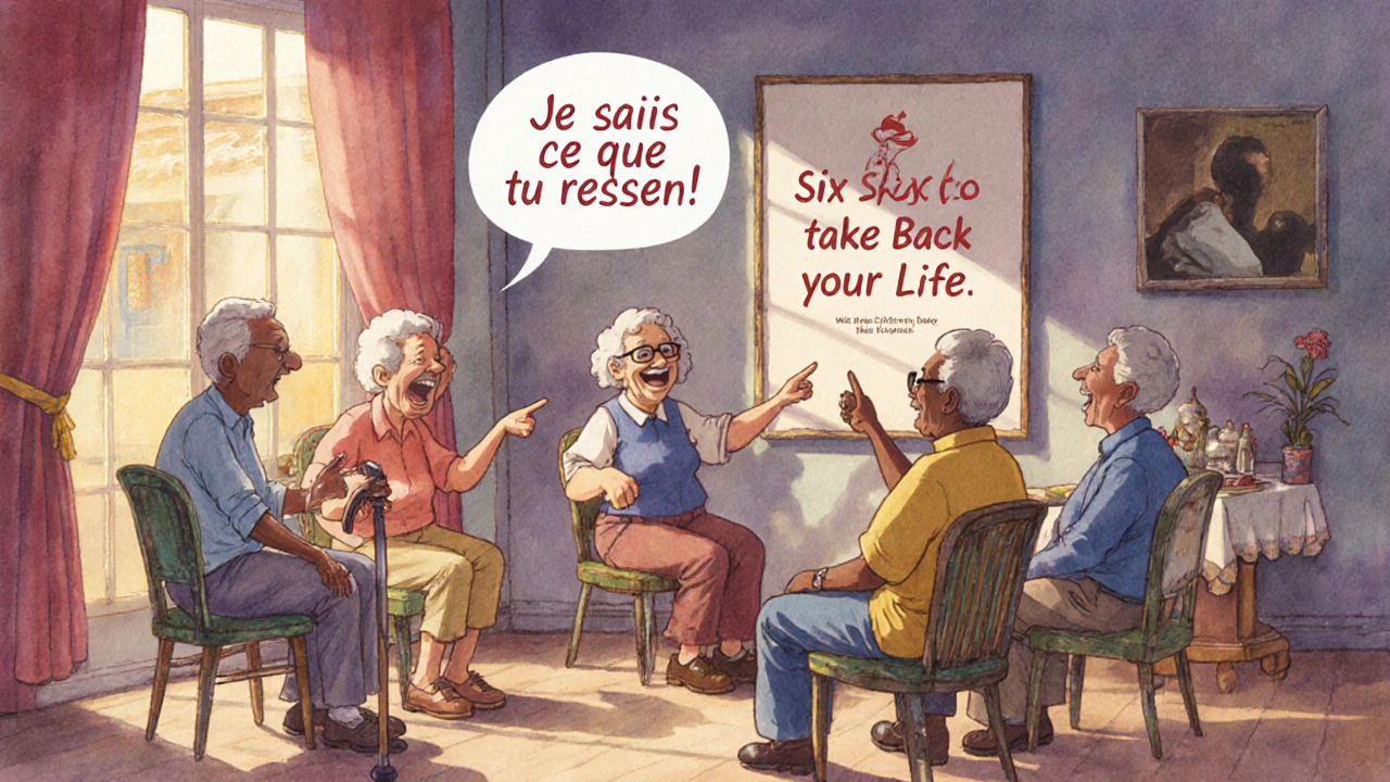 Un groupe de seniors riant ensemble lors d&#039;un atelier animé par des pairs, entourés d&#039;affiches sur les compétences de gestion autonome.