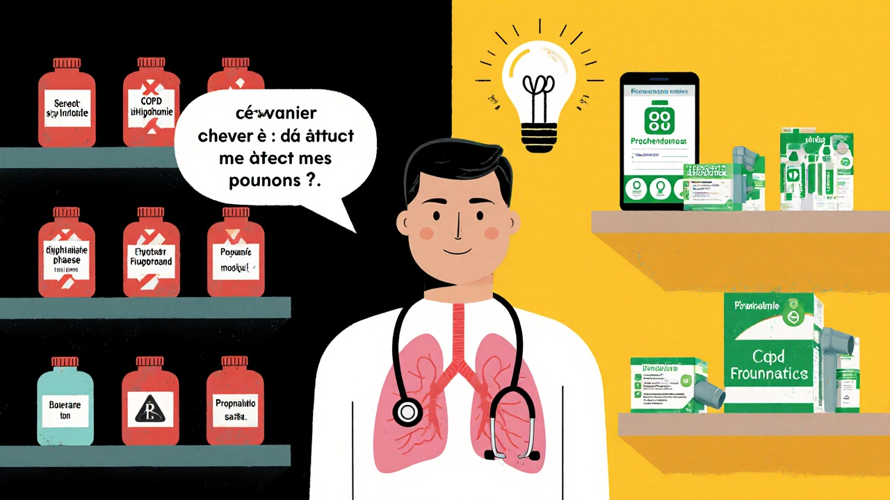 Un homme entre médicaments dangereux et sûrs, avec une application qui vérifie les interactions respiratoires.