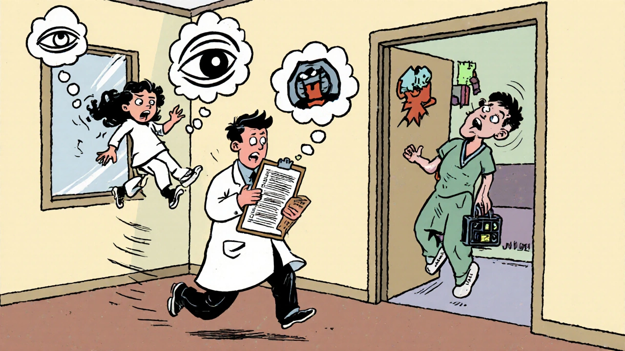 Un médecin en urgence face à un patient aux délires paranoïdes entourés de bulles de pensée.