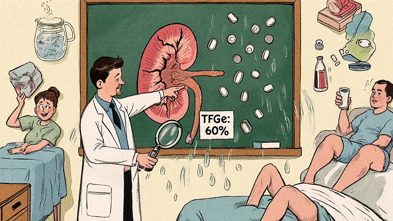 Un médecin explique la baisse de la fonction rénale sur un tableau, des pilules d&#039;aspirine tombent comme de la pluie.