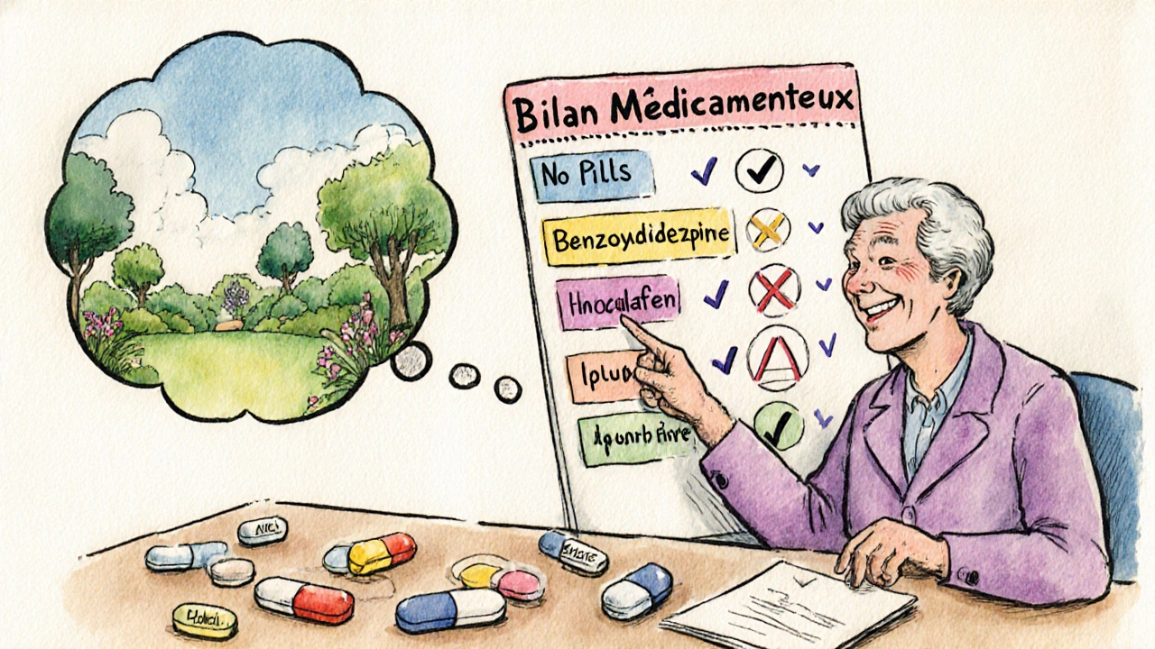 Un pharmacien aide un senior à réduire ses médicaments, avec un bilan médicamenteux et des comprimés éliminés.