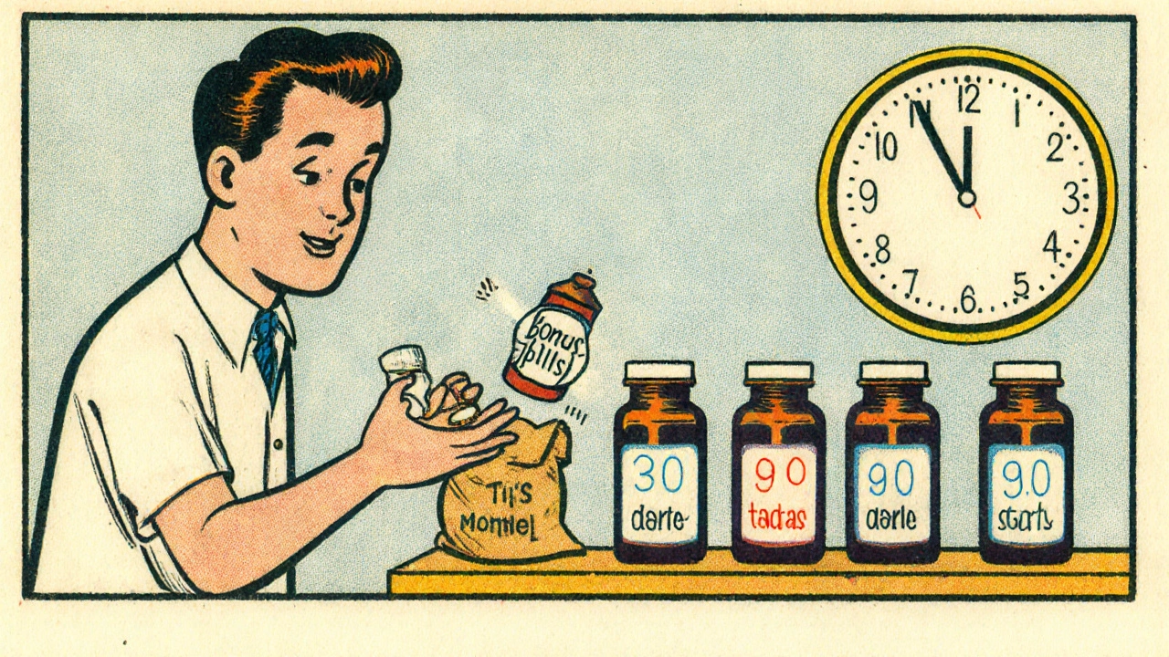 Un pharmacien remet un petit lot supplémentaire de médicaments pour synchroniser les renouvellements mensuels.