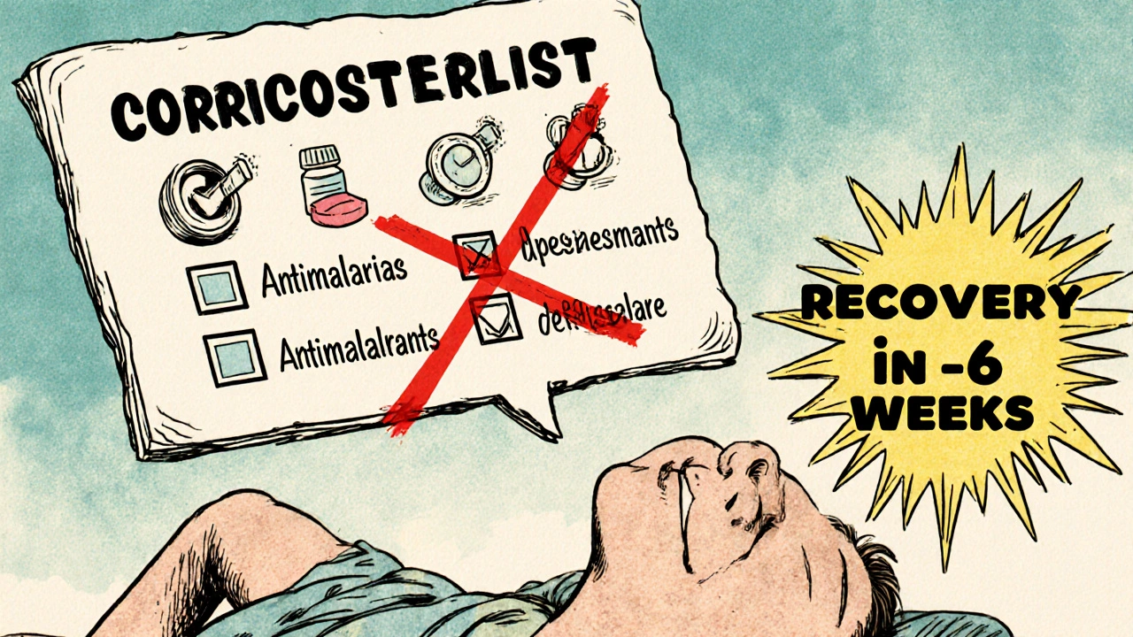 Une liste de médicaments avec des croix rouges, symbolisant leur arrêt pour guérir une psychose.