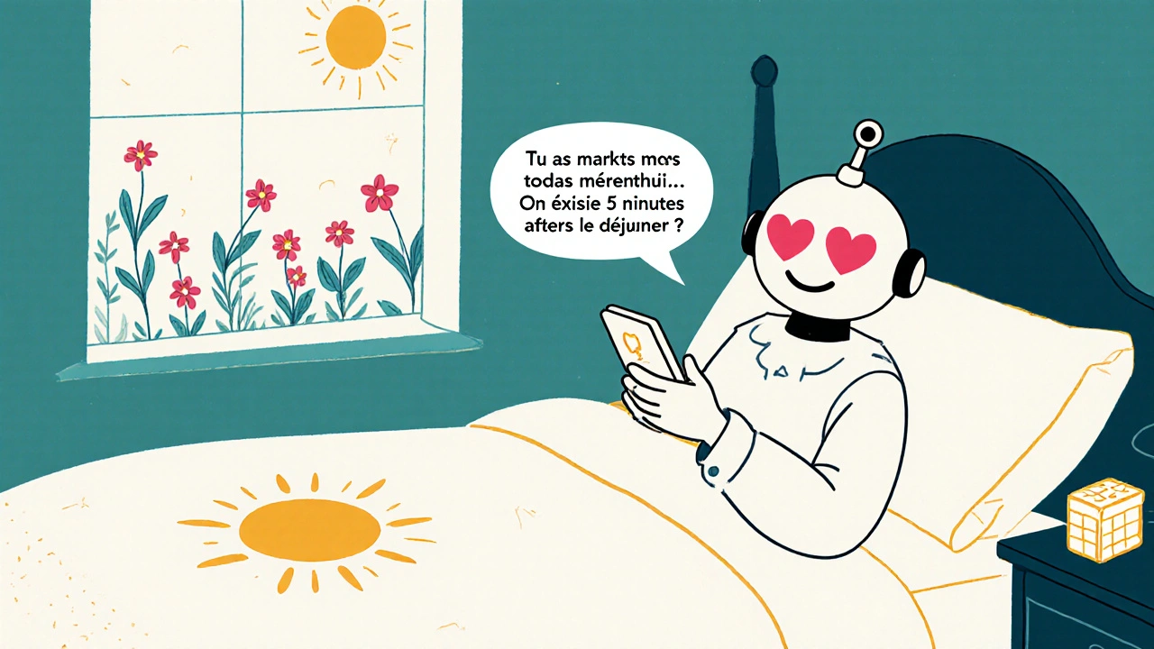 Une personne au lit reçoit un message bienveillant d&#039;un assistant IA amical sur son téléphone, avec une invitation douce à marcher.