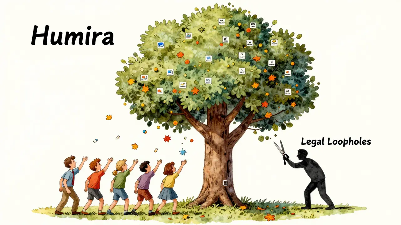 Arbre aux 240 brevets secondaires bloquant l'accès à des médicaments génériques pour les patients.