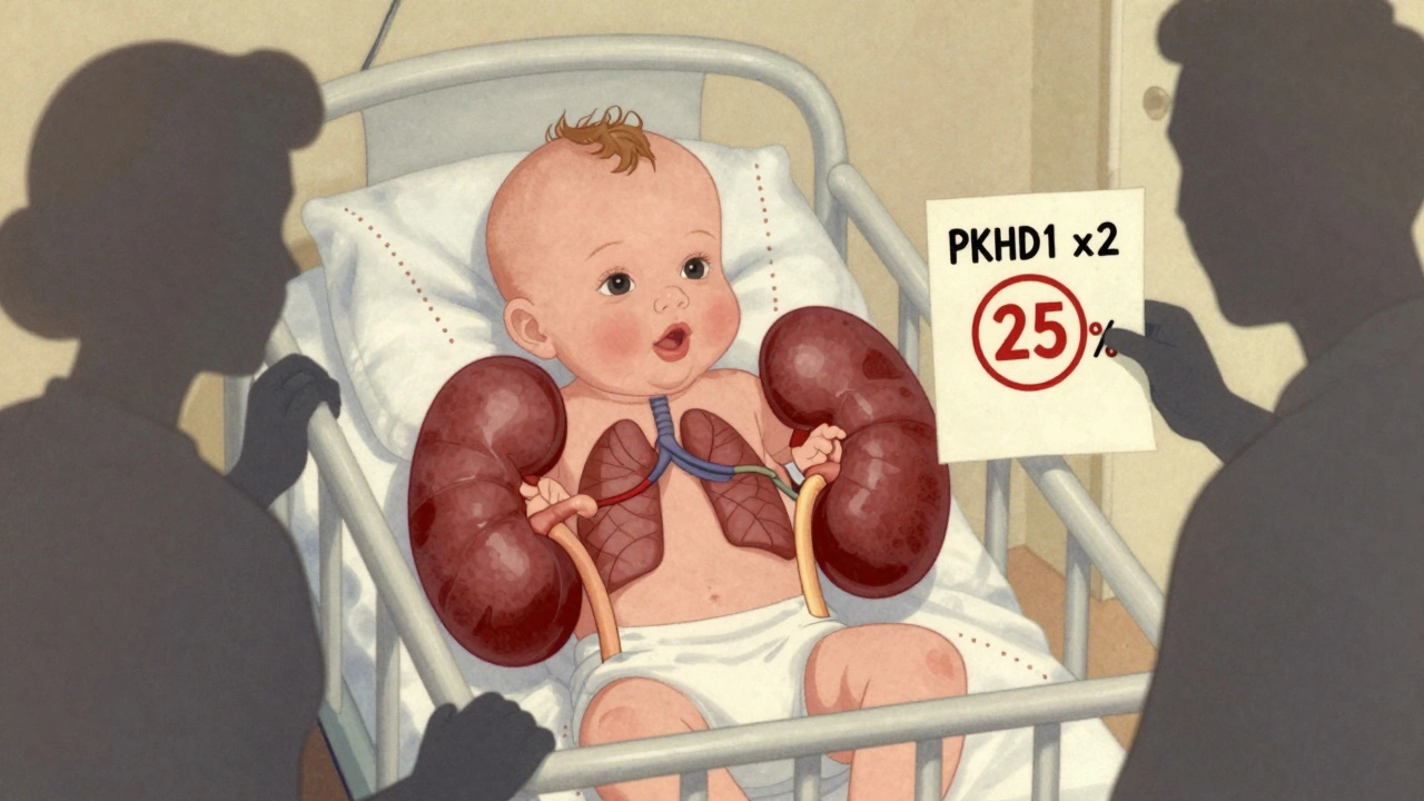 Bébé avec des reins géants visibles sous la peau, entouré de symboles génétiques, style cartoon médical des années 1950.