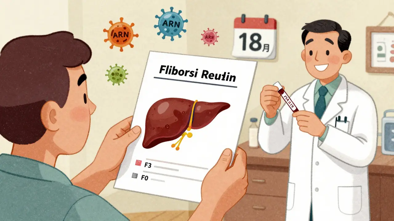 Biopsie du foie montrant la régression de la fibrose, accompagnée de molécules de micro-ARN et d'un calendrier de suivi médical.