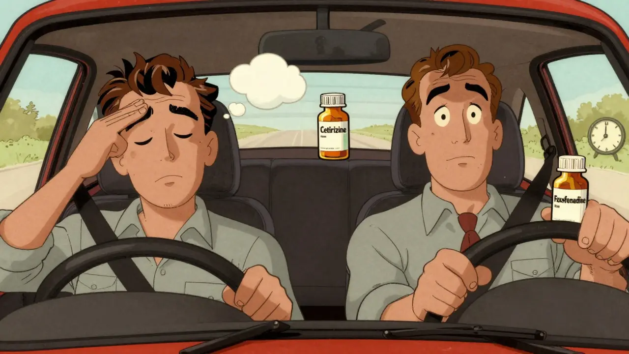Chauffeur somnolent à côté d'un conducteur éveillé, avec des pilules illustrant la différence entre Cetirizine et Fexofenadine.
