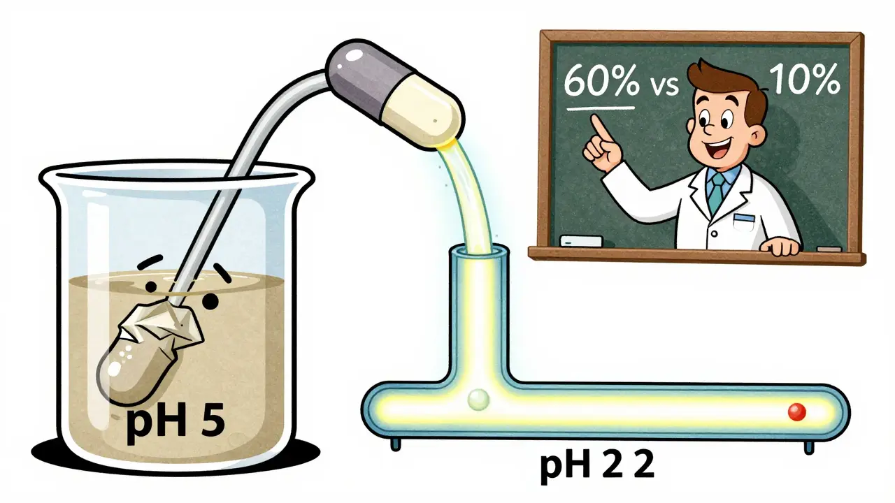 Comparaison visuelle en bande dessinée entre une gélule et une solution d'itraconazole en milieu acide.