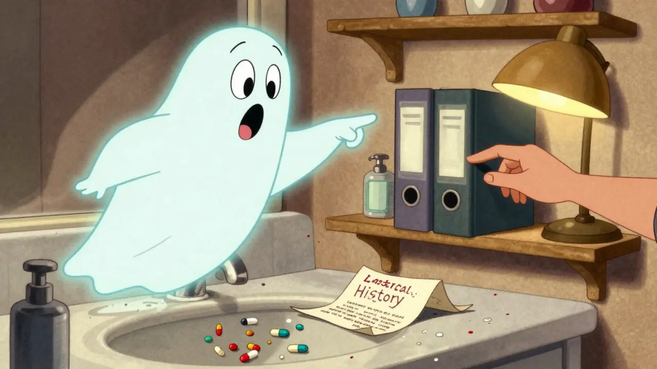 Contraste entre une salle de bain désordonnée et un classeur sécurisé sur une étagère.