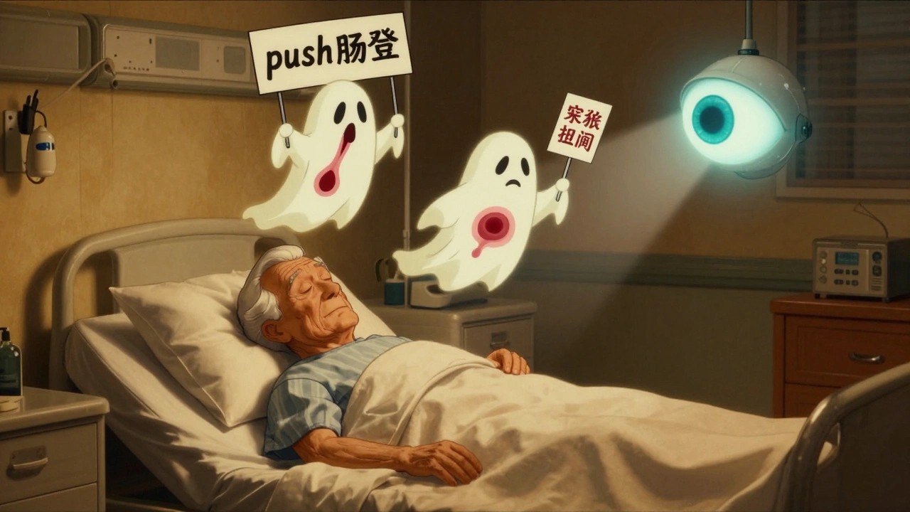 Des fantômes de lésions intestinales discutent au-dessus d&#039;un patient endormi, sous un œil d&#039;IA.