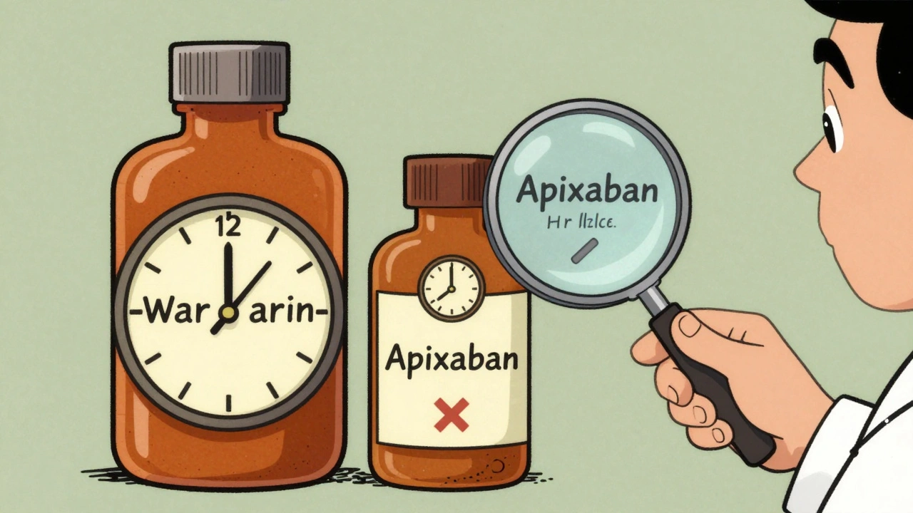 Deux bouteilles de médicaments comparées : Warfarin et Apixaban, avec des fenêtres temporelles et une main de médecin indiquant les différences.