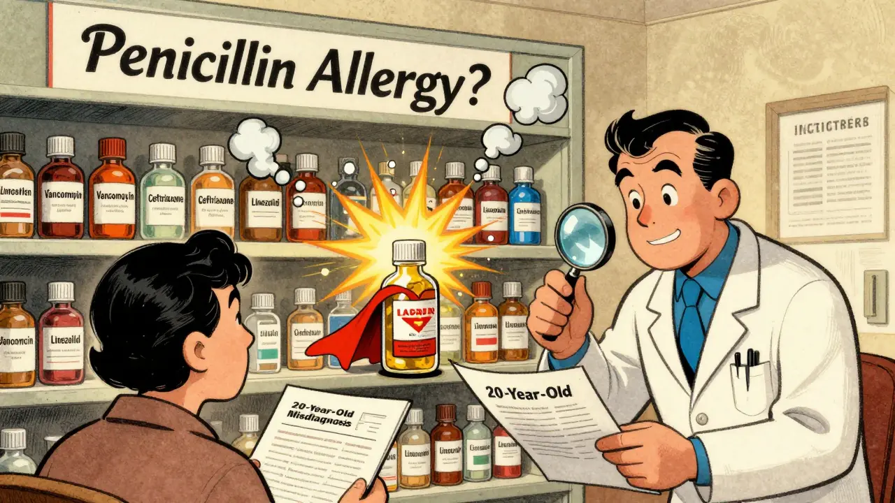 Étagère de médicaments explose, une seule bouteille de pénicilline brille comme un superhéros, un dossier ancien est examiné.