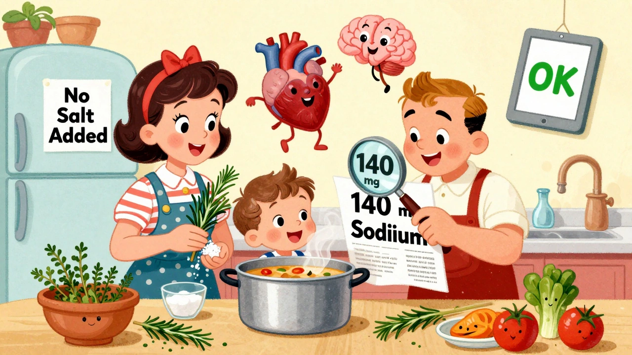 Famille française cuisinant avec des herbes et lisant les étiquettes, un cœur et un rein dansent joyeusement au-dessus d&#039;une soupe maison.