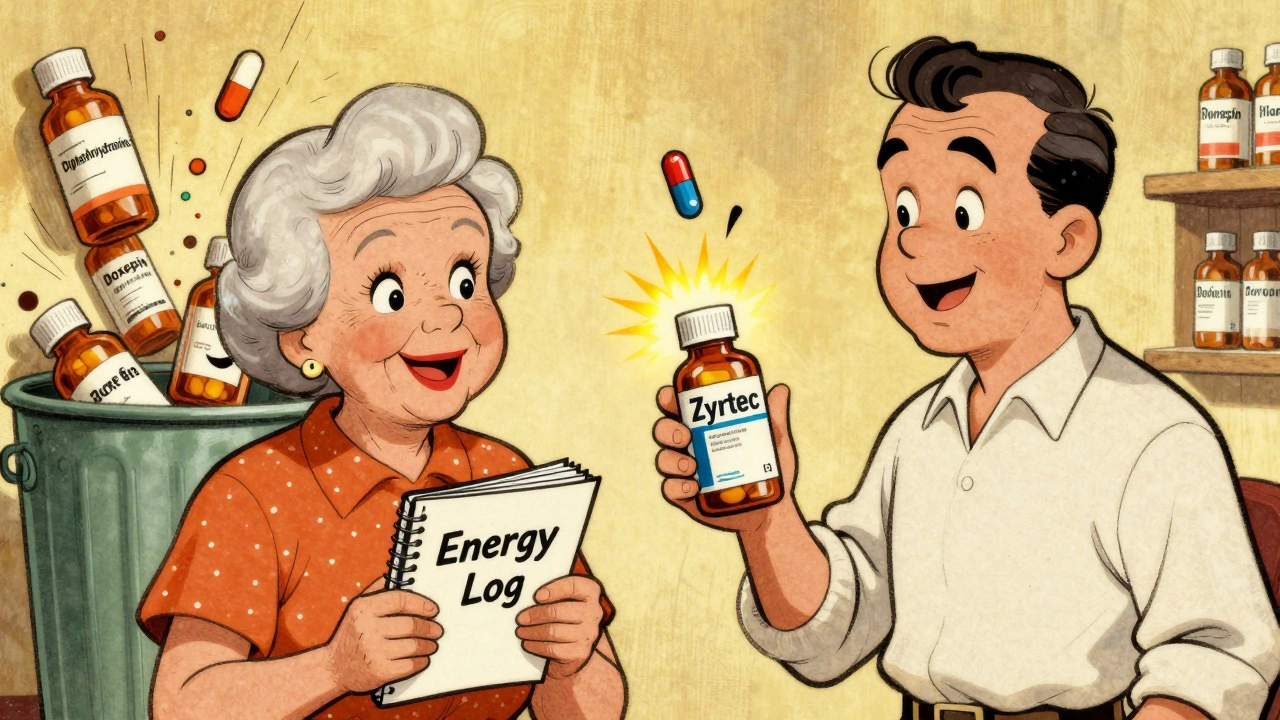 Femme âgée avec son pharmacien recevant un médicament non-sédatif, des pilules fatigantes jetées à la poubelle.