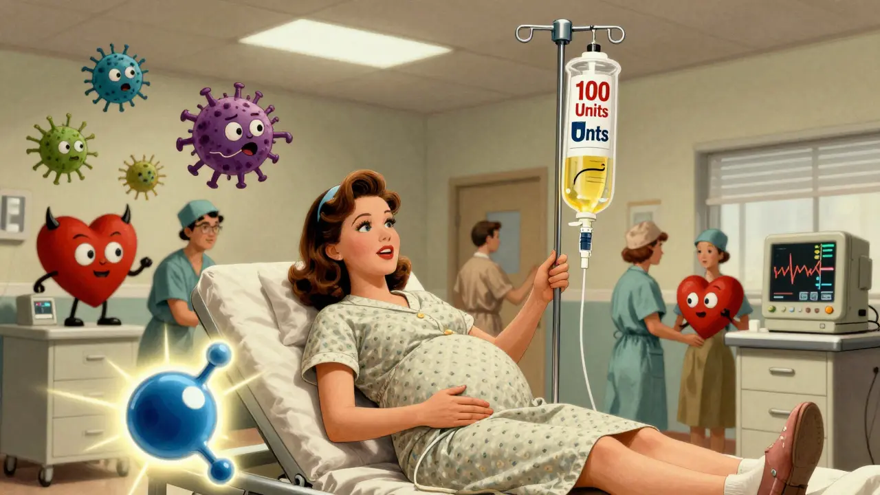 Femme enceinte sous perfusion de pénicilline, des bactéries fuient en hurlant, le personnel médical surveille.