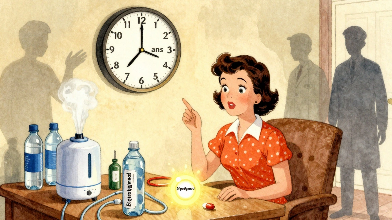 Femme entourée de produits d&#039;aide, un horloge indiquant 2.8 ans, un nouveau médicament brillant sur la table.