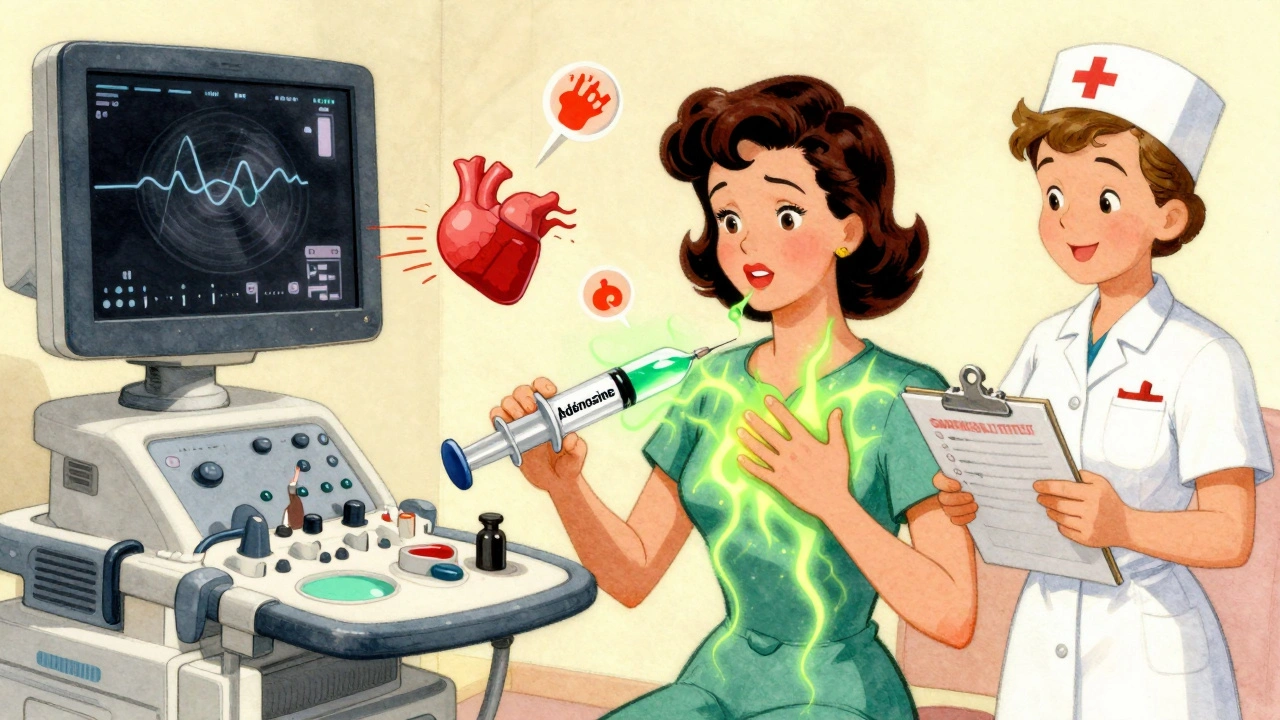 Femme recevant une injection pour un test chimique, des effets visuels montrent chaleur, cœur accéléré et pression thoracique.