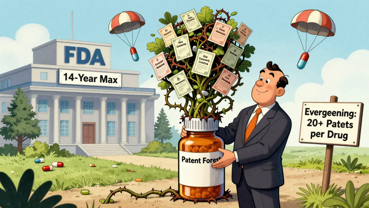 Forêt de brevets secondaires étouffant un médicament, tandis que des génériques tentent de s'échapper.