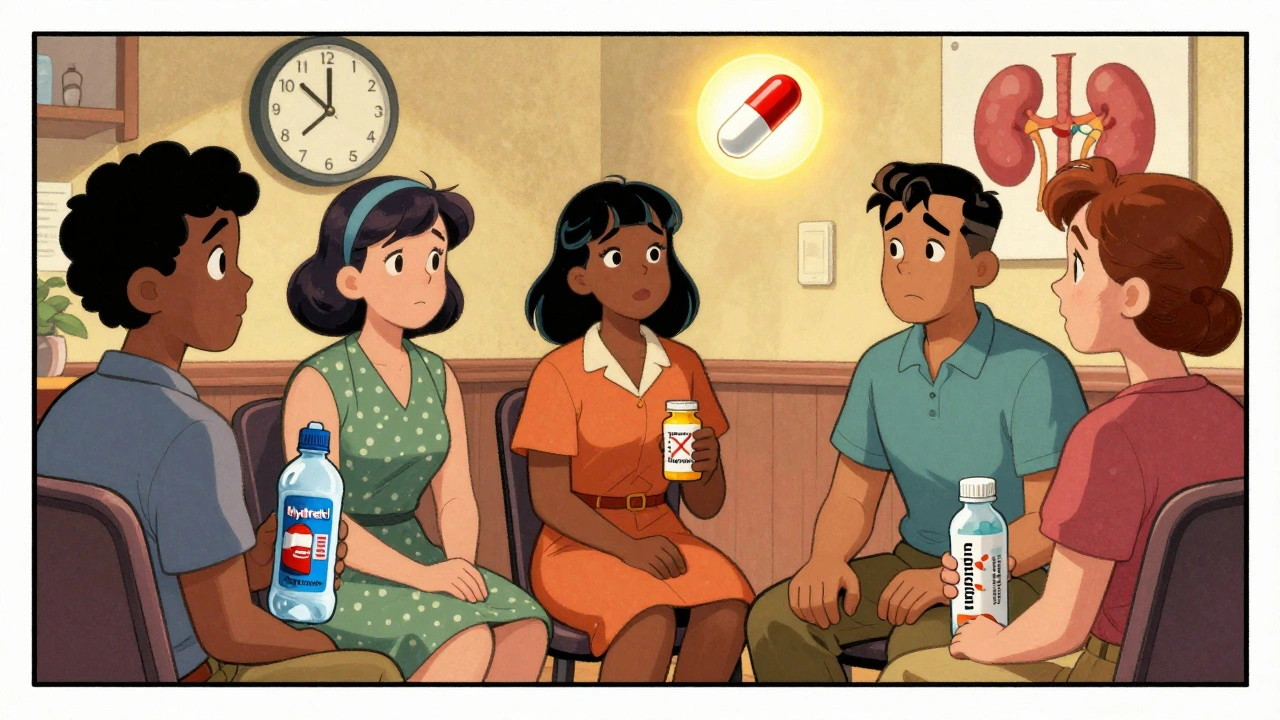 Groupe de patients dans un soutien, l&#039;un buvant de l&#039;eau, un autre éliminant un médicament, avec une pilule lumineuse au-dessus, style cartoon vintage.