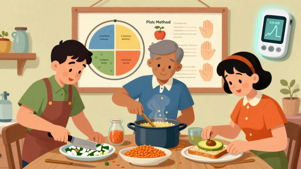 Groupe de personnes préparant des repas sains à la maison avec un affichage visuel de la méthode de l'assiette.