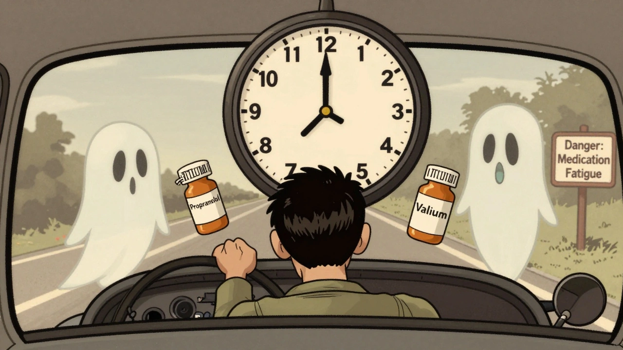 Homme au volant somnolent, entouré de pilules dangereuses, en train de s&#039;endormir au volant.