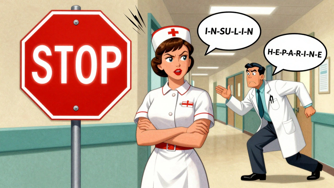 Infirmière refusant d&#039;administrer un médicament à risque sans vérification, un panneau d&#039;interdiction clignote derrière elle.