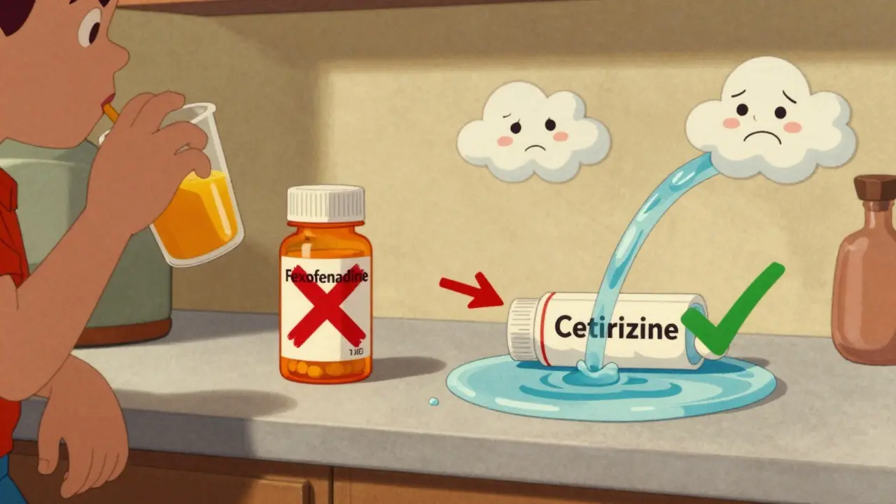Kitchén avec jus d'orange et pilule Fexofenadine barrée, contre de l'eau et Cetirizine validée en illustration vintage.