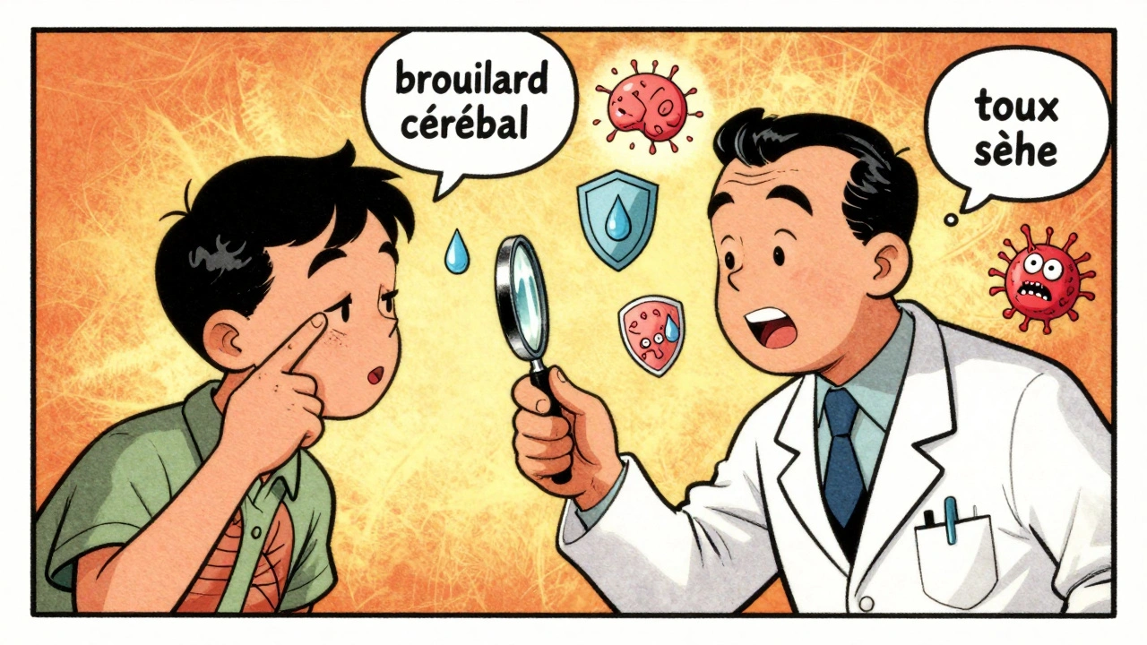 Médecin examinant un patient avec des symboles médicaux flottants représentant les symptômes du syndrome de Sjögren.