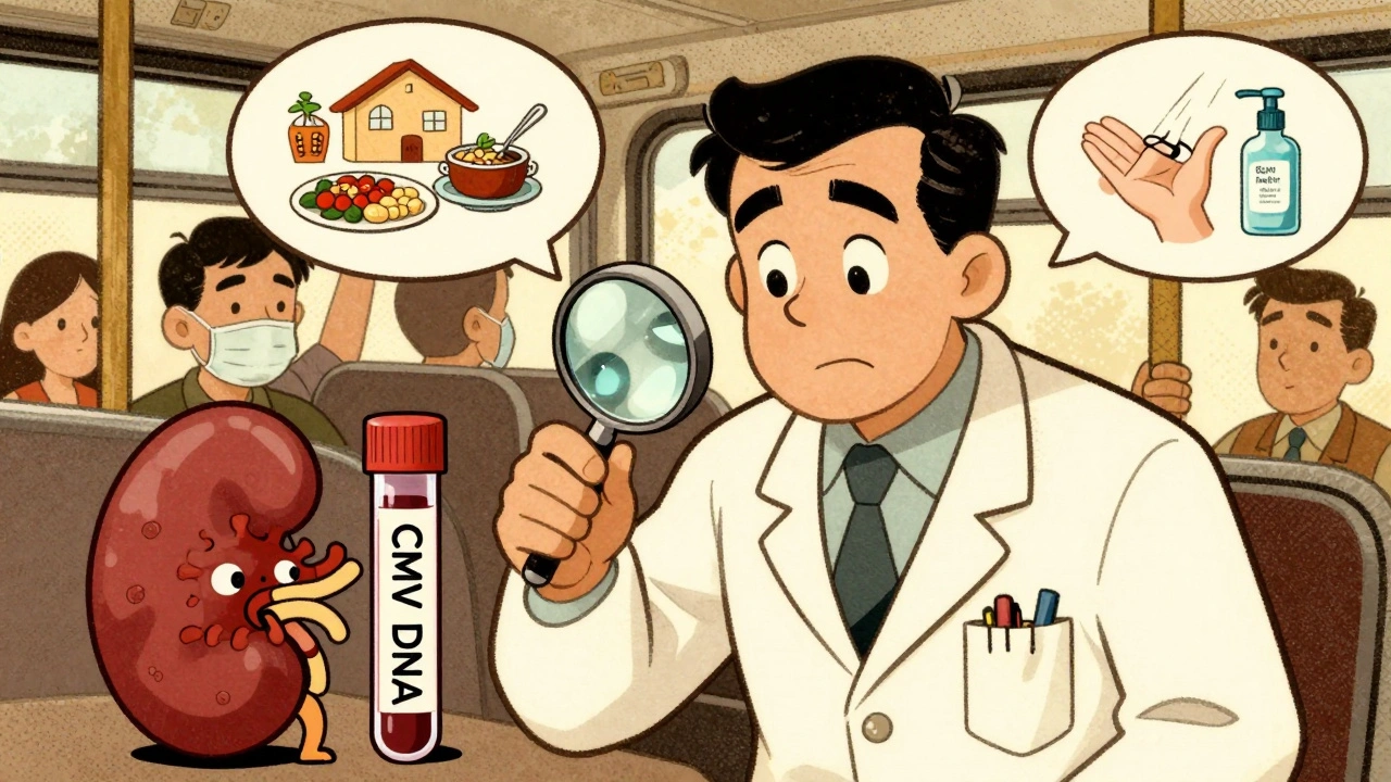 Médecin examinant un test sanguin pour le CMV, patient avec masque dans un bus bondé.