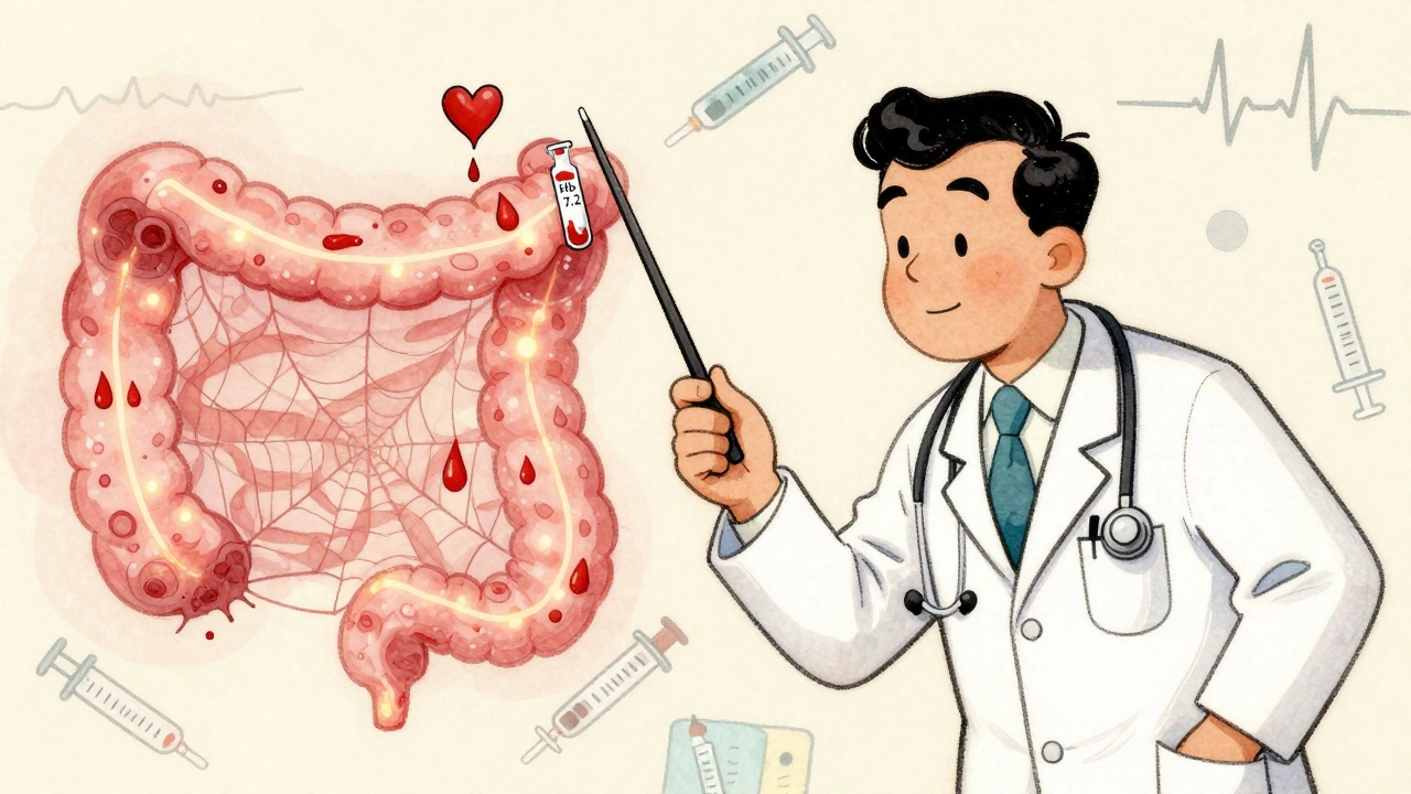 Médecin examine un côlon avec des lésions vasculaires rouges en forme de gouttes.