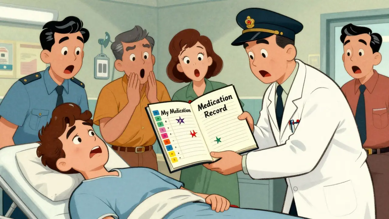 Médecin reçoit un dossier médical organisé en urgence, patient inconscient sur un brancard.