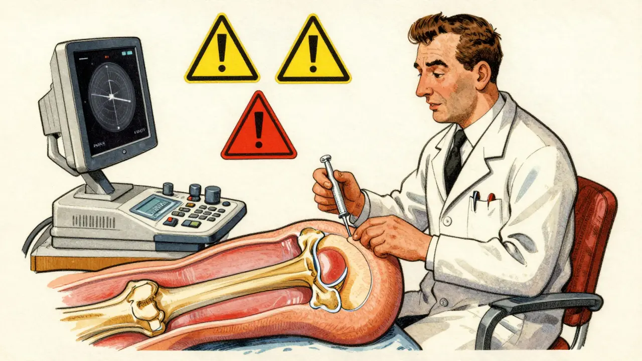 Médecin utilisant un échographe pour guider une injection dans la hanche, avec des avertissements visuels flottants autour.