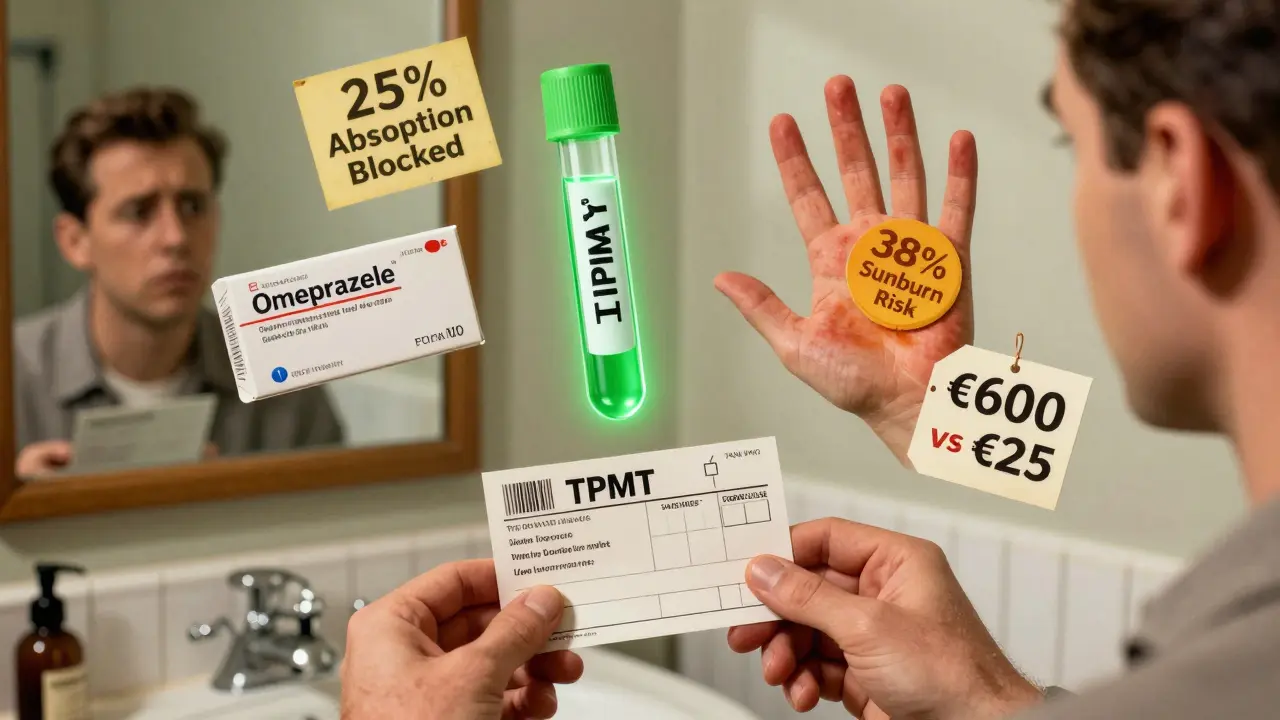 Patient avec des objets symboliques : anti-acide, test TPMT, soleil brûlant et étiquette de prix, dans une salle de bain vintage.