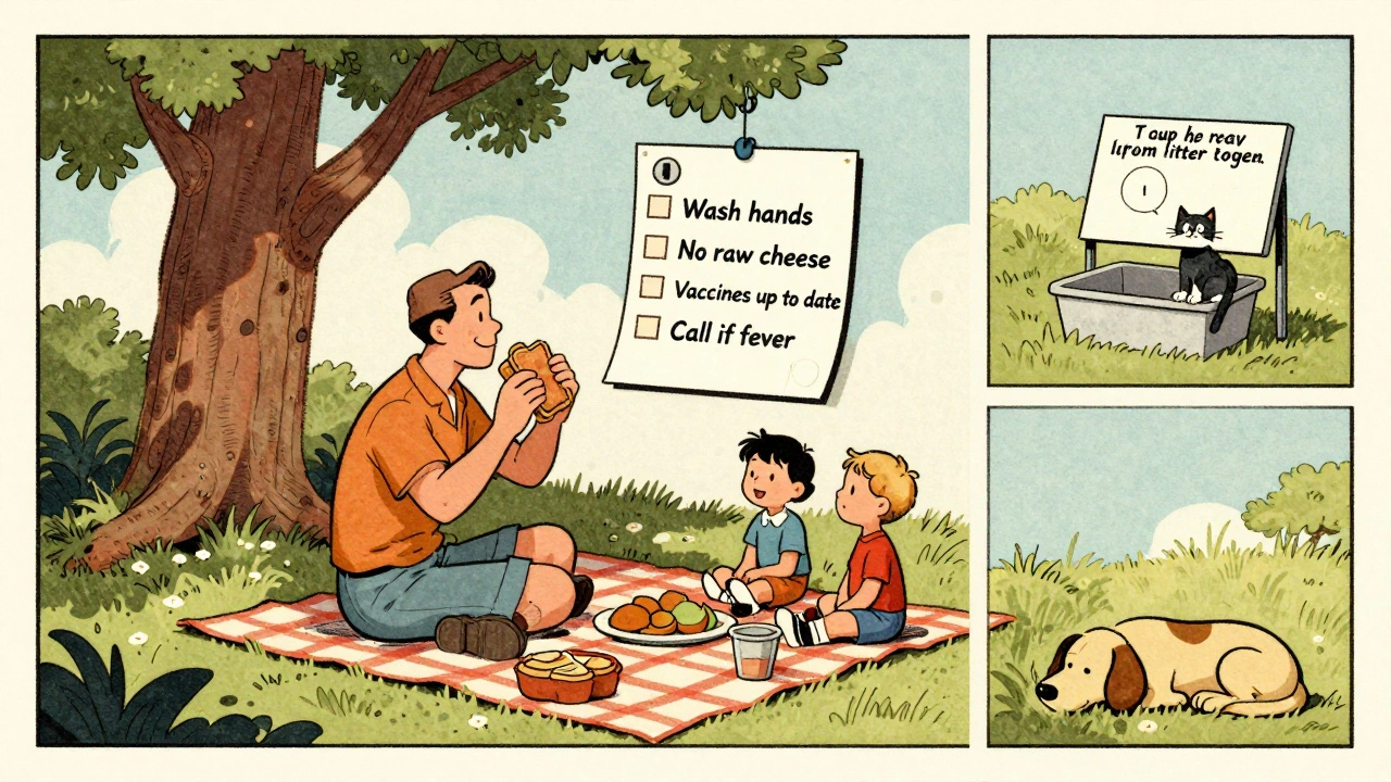 Patient en pique-nique avec liste de précautions, chien calme, chat éloigné de la litière.