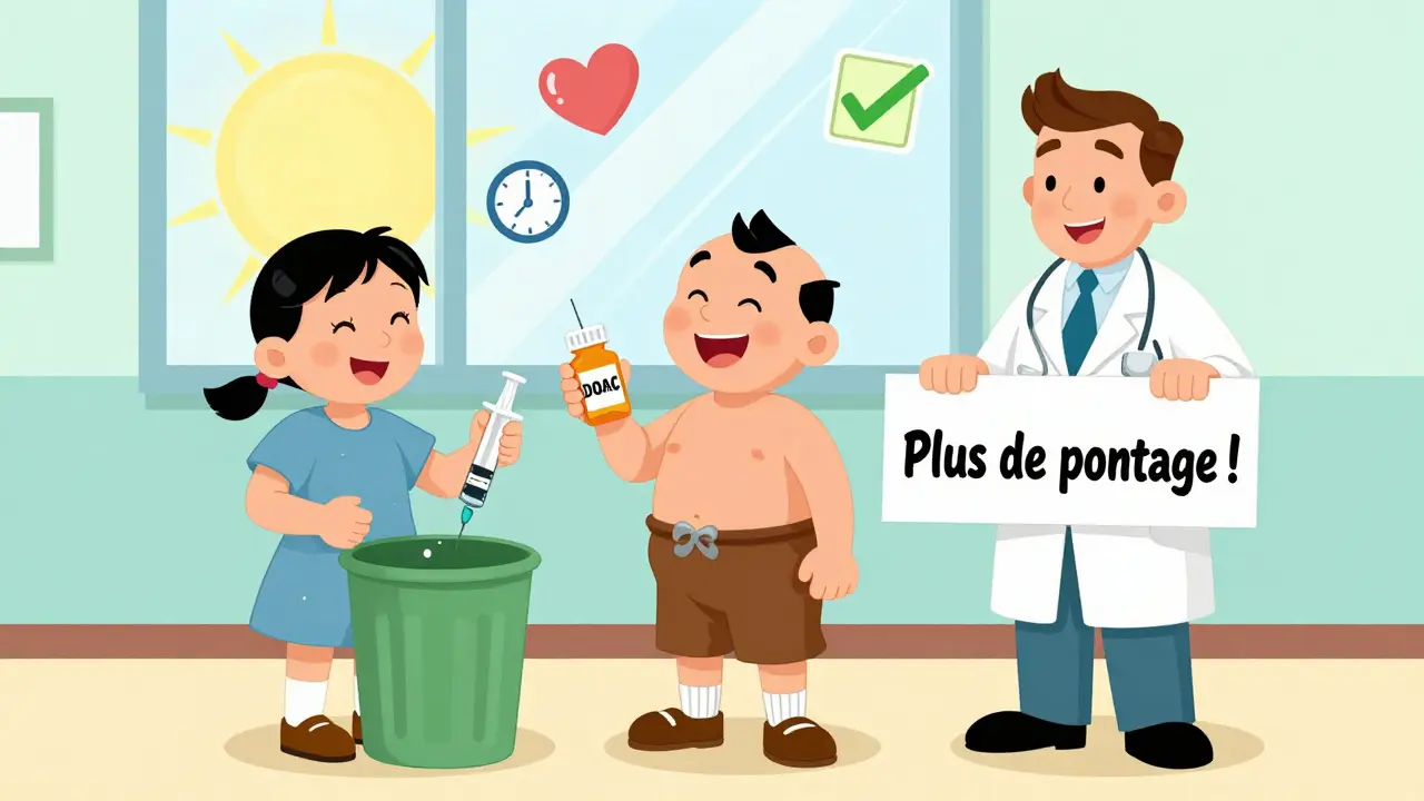 Patient jetant une seringue à la poubelle, heureux de ne plus avoir besoin de pontage.