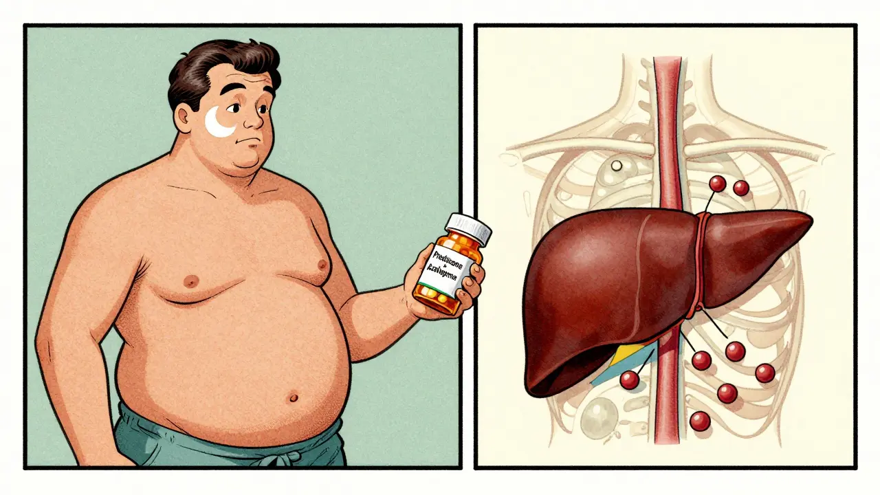 Patient recevant un traitement combiné de stéroïdes et d'azathioprine, avec effets secondaires et guérison représentés en deux volets.