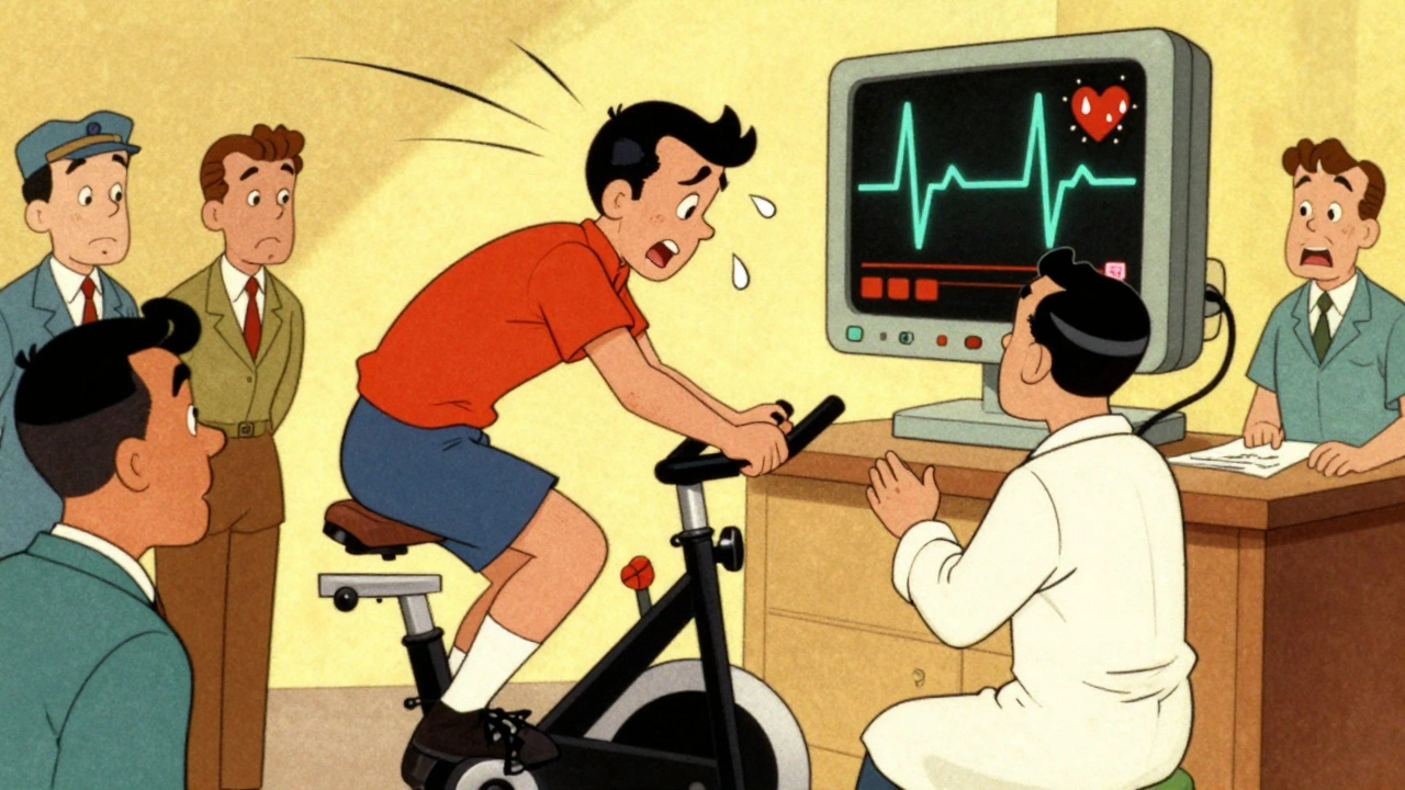 Patient sur un vélo d'appartement, un ECG en direct montre une dépression du segment ST, médecin observant avec attention.