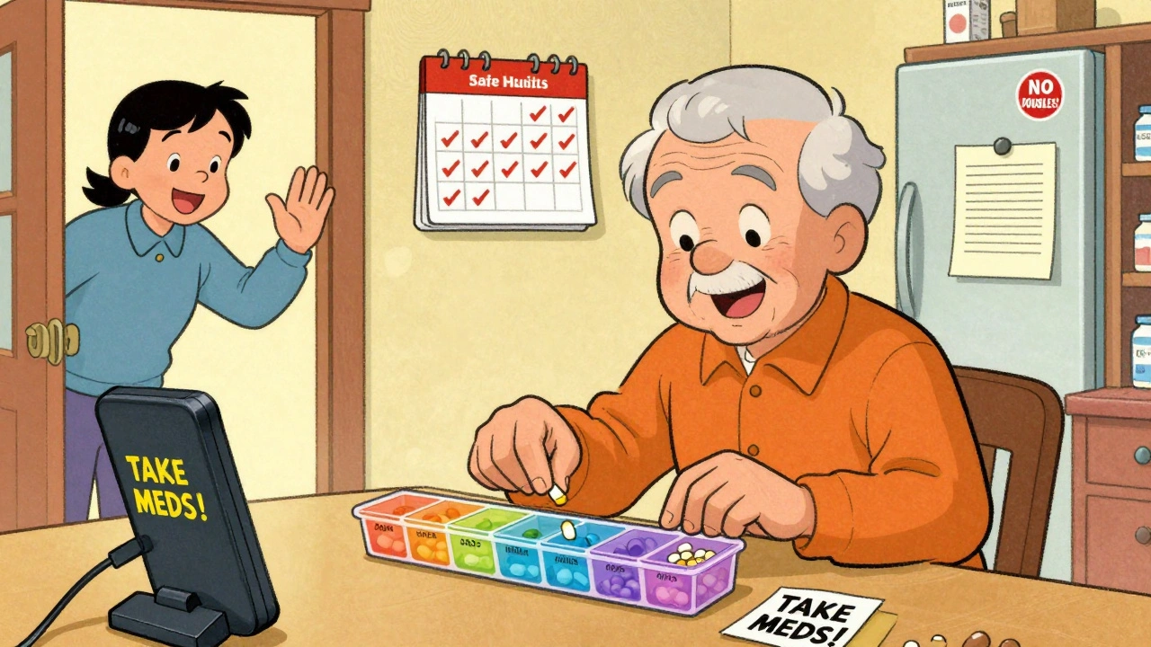 Personne âgée organisant ses comprimés dans une boîte à pilules, avec des rappels téléphoniques et un soutien familial en arrière-plan.