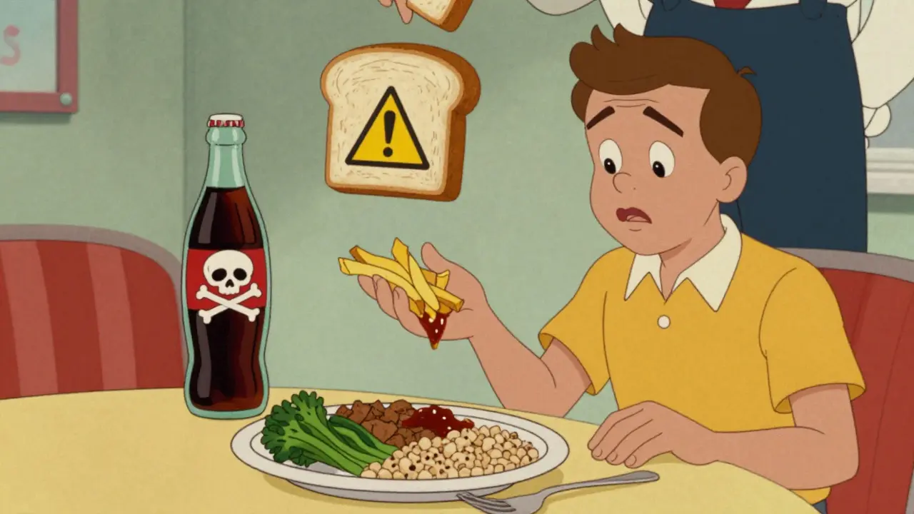 Personne au restaurant demandant des légumes à la place des frites, avec des aliments à éviter en arrière-plan stylisés.