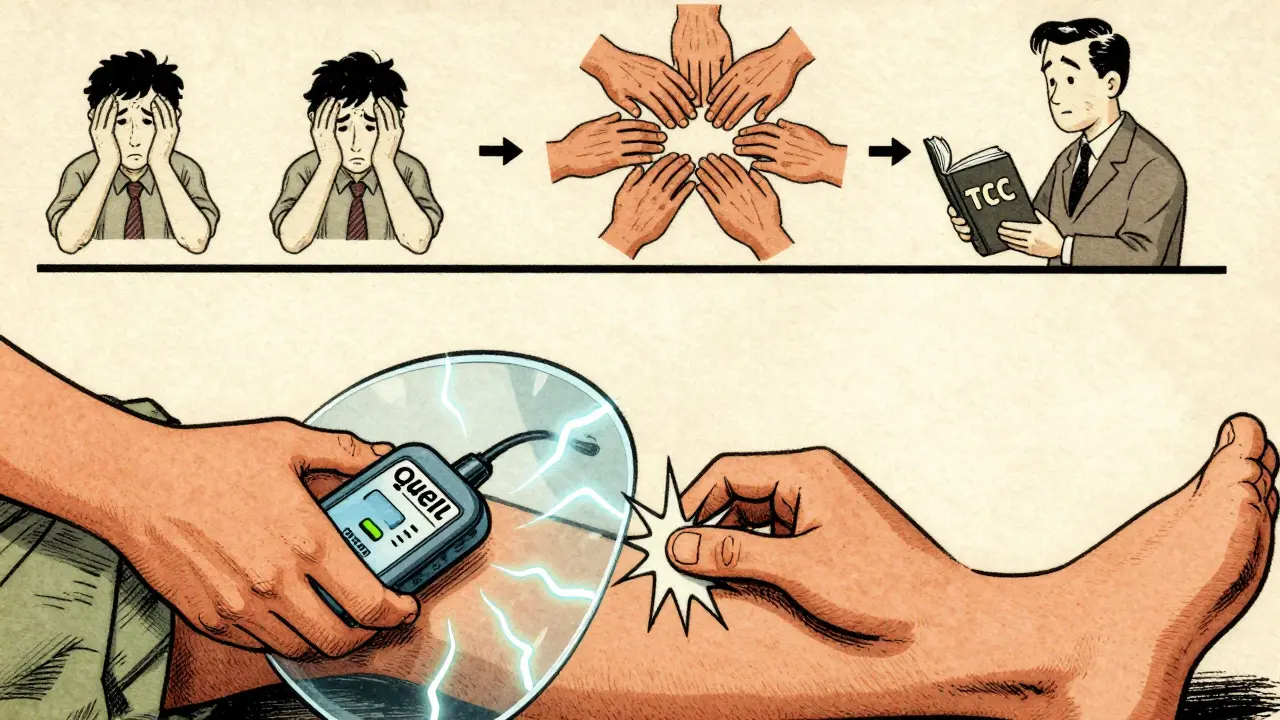 Personne avec un appareil de stimulation nerveuse sur la jambe, bloquant les pointes de douleur, entourée de soutien et de progrès.